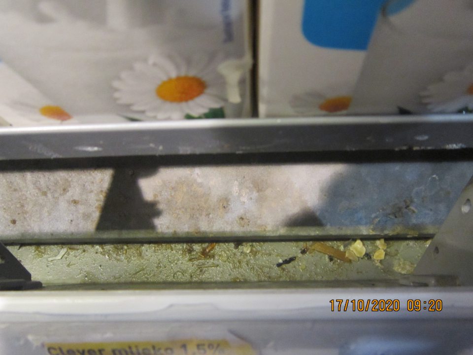 Na predajnej ploche v chladiacej vitríne s umiestnenými mliečnymi výrobkami priestor pod mriežkou znečistený prachom, mechanickými nečistotami, obalovým materiálom.
