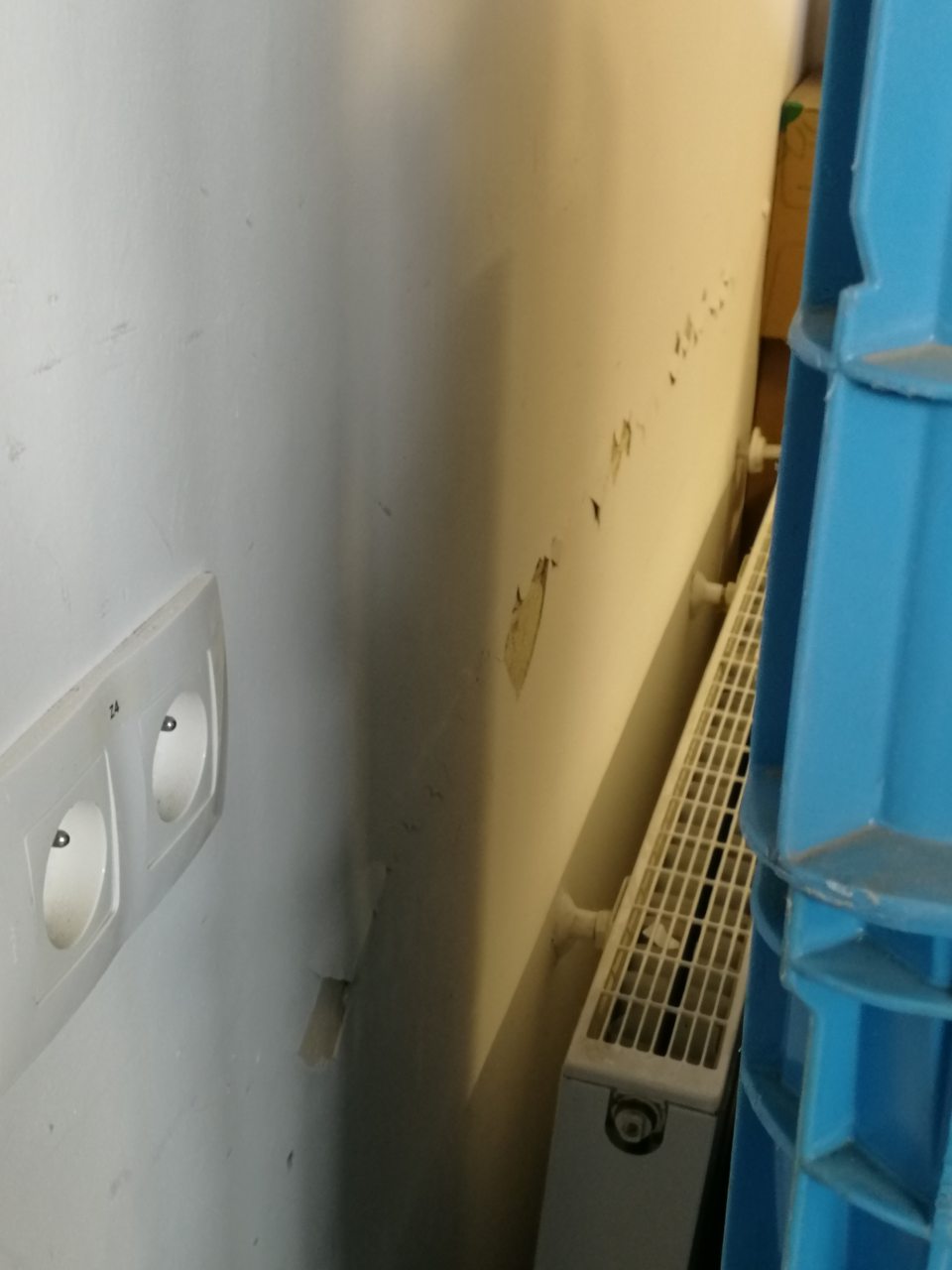 Poškodené steny spôsobené manipuláciou s paletovým vozíkom na viacerých miestach skladu potravín a manipulačných priestorov.