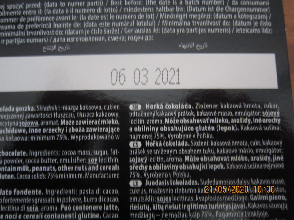 klamlivo označená Horká čokoláda 175g, KP: Poľsko - na obale deklarovaná kakaová sušina 75%, obsah vo vyšetrovanej vzorke 58,7%