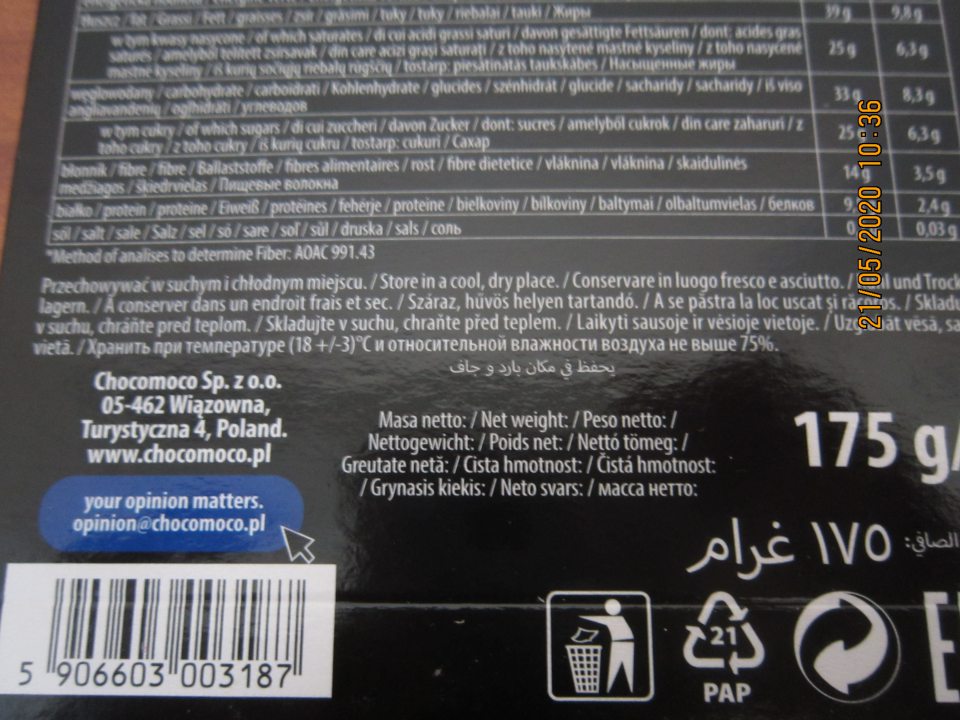 klamlivo označená Horká čokoláda 175g, KP: Poľsko - na obale deklarovaná kakaová sušina 75%, obsah vo vyšetrovanej vzorke 58,7%