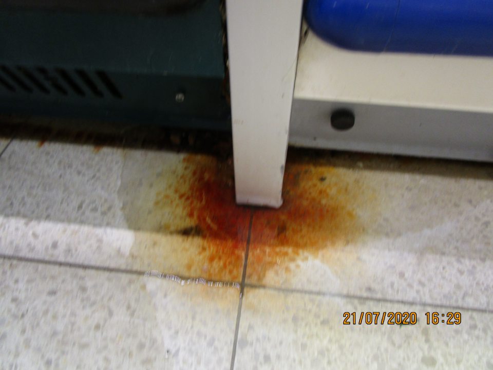 na predajnej ploche v spodnej časti chladiacej vitríny na uskladnenie ovocia a zeleniny značne skorodovnaá časť chladiaceho zariadenia a aj časť podlahy