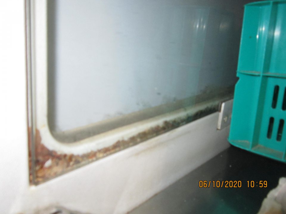 Regál chladiaceho zariadenia s uloženými uhorkami a kivi znečistený nánosom nečistôt a tiež zistený olupujúci sa povrchový hygienický náter na viacerých miestach o rozmeroch cca 60 cm x 2 cm, 8 cm x 1 cm Bočná stena chladiaceho zariadenia - sklenená výplň v spodnej časti na ľavej strane znečistená starším nánosom nečistôt V spodnej časti chladiaceho zariadenia s uloženou zeleninou zistený nános nečistôt pod kovovou mriežkou aj okolo kovovej mriežky Predné bočné steny chladiaceho zariadenie poškodené, na pravej strane poškodený povrch s vylomenými časťami na troch miestach o rozmeroch cca 5cm x 1cm, 2cm x 1cm a 1cm x 1 cm a na ľavej strane vylomené povrchové časti na dvoch miestach o rozmeroch cca 1cm x 0,5cm a 2cm x 0,5 cm