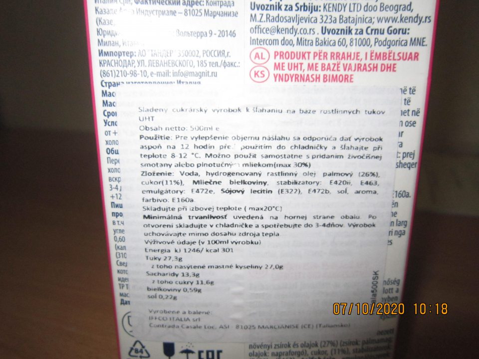Hulala Whipping sladený cukrársky výrobok k šľahaniu na báze rastlinných tukov UHT HULALA, hmotnosť 0,5 l, DMT: 27.02.2021, označenie dávky: L20059 A 07:18 27/02/2021, 28/02/2020, výrobca: IFFCO Italia SRL Contrada Casane z.I. 810 25 Marcianise (CE) ITALIA, krajina pôvodu: Taliansko - nezaistenie jednoznačnej čitateľnosti, pričom stredná výška písma nespĺňa požadovanú veľkosť