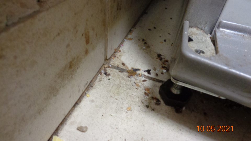 Znečistená podlaha pod mrazničkou na dopeky.