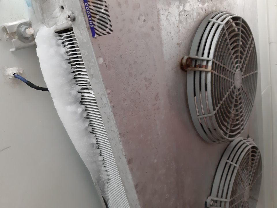 V chladiacom boxe v časti lahôdok námraza na ventilátore chladiacej jednotky.
