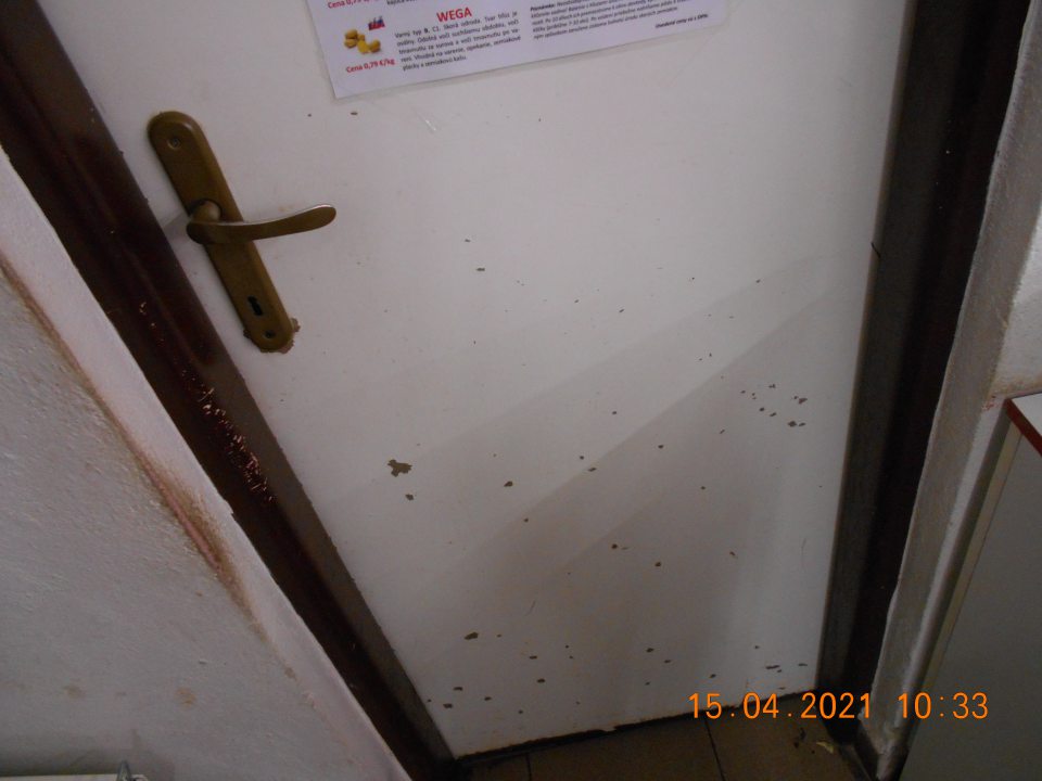 Poškodené dvere, vedúce z predajnej plochy do predsiene sociálneho zariadenia.