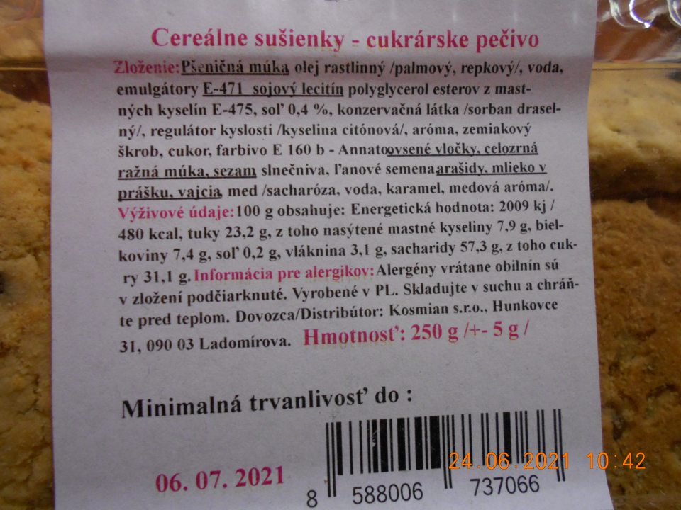Zistené ponúkanie na predaj jedného druhu cukrárskeho pečiva, u ktorého neboli v zložení zoradené jednotlivé zložky v klesajúcom poradí.