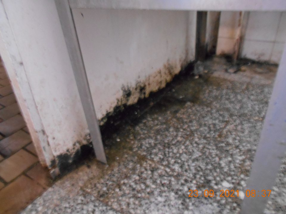 Poškodená, znečistená stena, zamočená omietka v umývarke prepraviek pod umývadlom.