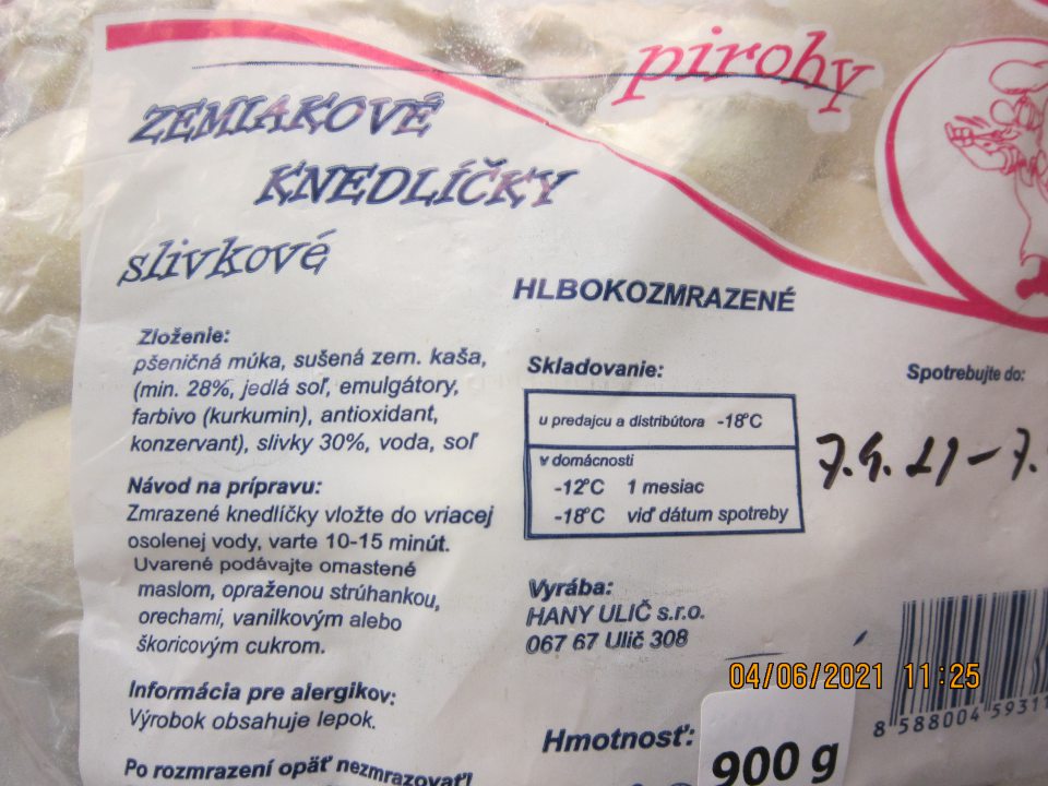 Nedostatok v označení výrobku: Zemiakové knedlíčky slivkové hlbokozmrazené 900g - v  zozname zložiek nie je zdôraznená zložka „pšeničná múka“ obsahujúca alergén glutén. 
