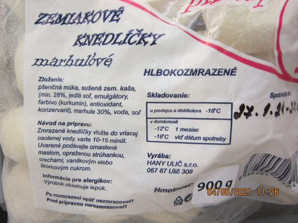 Nedostatok v označení výrobku: Zemiakové knedlíčky marhuľové hlbokozmrazené 900g - v  zozname zložiek nie je zdôraznená zložka „pšeničná múka“ obsahujúca alergén glutén.