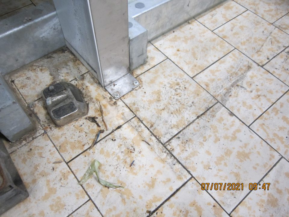 Nevyhovujúca hygiena prevádzkarne- v skladovacích priestoroch pri chladiacom boxe podlaha znečistená trieskami, organickými nečistotami a nánosmi zaschnutej čiernej špiny.