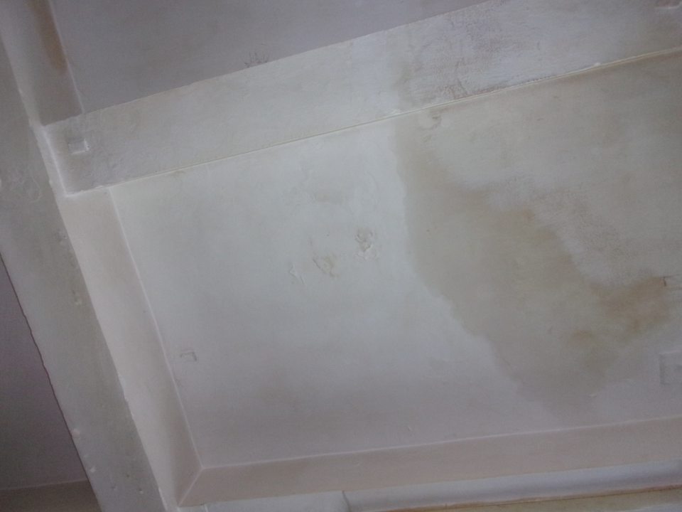 Poškodená hygienická maľba na strope vo výrobni knedlí.