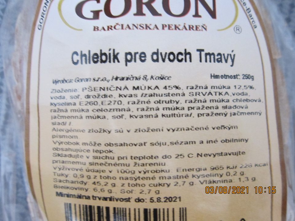 Nedostatok v označení výrobku: Chlebík pre dvoch Tmavý 250g - v  zozname zložiek nie sú zdôraznené zložky „ražná múka“, „ražné otruby“, „ražná múka chlebová“, „ražná múka celozrnná“, „pražená sladová jačmenná múka“, „pražený jačmenný slad“ obsahujúce alergén glutén. 