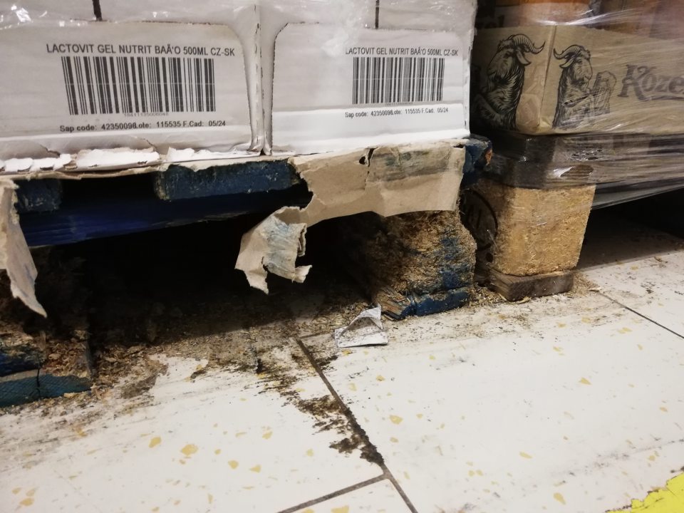 Podlahy v skladovacích priestoroch, priestory medzi paletami a pod paletami silno znečistené čiernymi nečistotami, výskytom zvyškov potravín a obalového materiálu.
