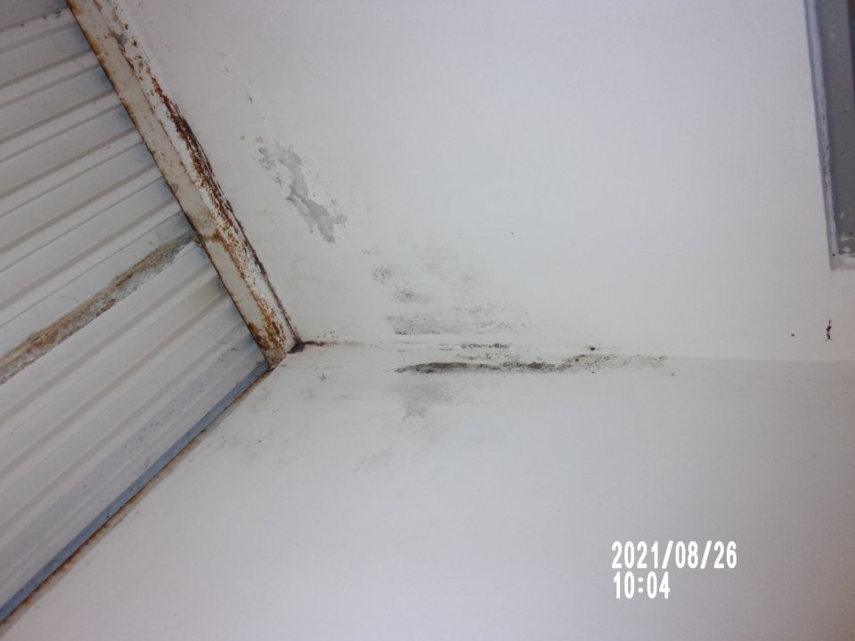 poškodené steny a strop skladu s necelistvou, olupujúcou sa a opadávajúcou omietkou