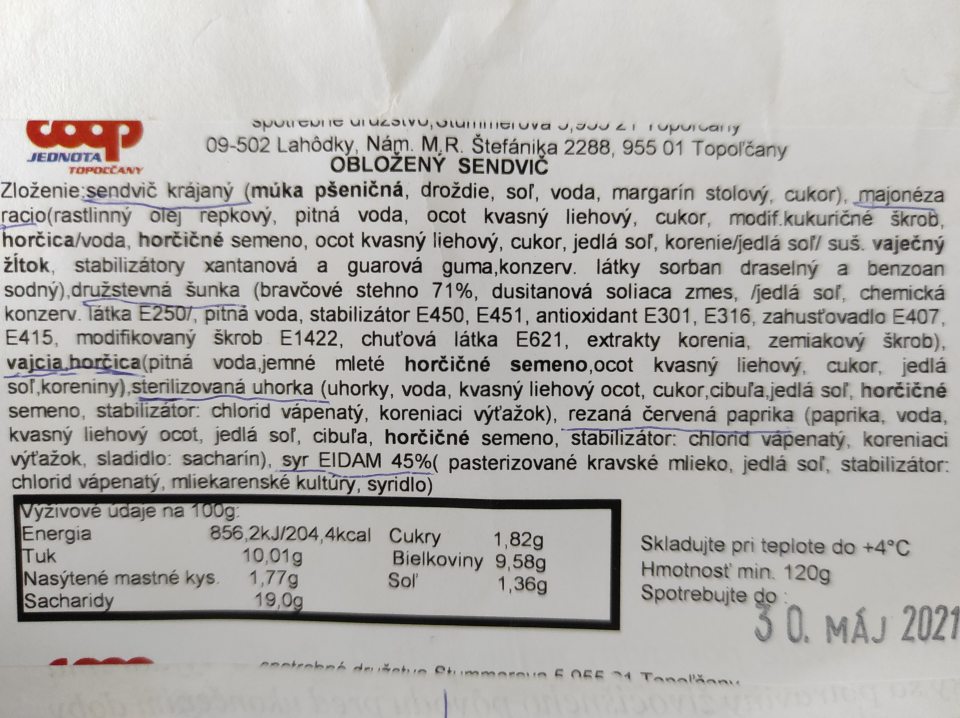 Nesúlad označenia finálneho výrobku ,,Obložený sendvič" s údajmi uvedenými na obale použitej suroviny.