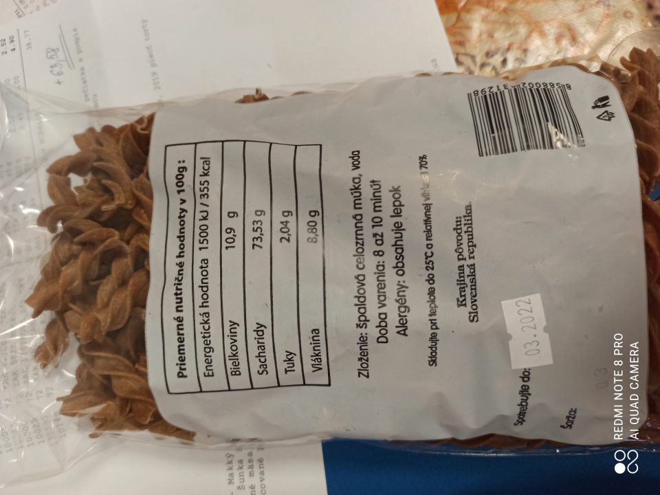 Špaldové celozrnné cestoviny sušené - nesprávne označené, nesprávne uvedené výživové údaje