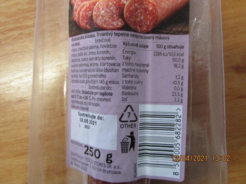 V kontrolovanom subjekte TESCO Kapušianská 2771/61,Kráľ.CHlmec bola odobrata vzorka Bratislavská klobása s cieľom vyšetrenia na označenie.Uvedená vzorka pre neuvedenie identifikačnej značky nie je v zhode s Nar.EP a Rady/ES/č.853/2004.
PRIDAŤ FOTOGRAFIE