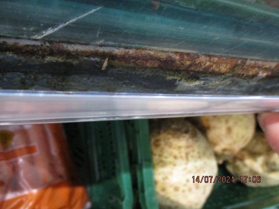 na predajnej ploche na úseku ovocia a zeleniny v chladiacej vitríne na viacerých miestach výskyt korózie kovovej konštrukcie a políc s uloženou zeleninou