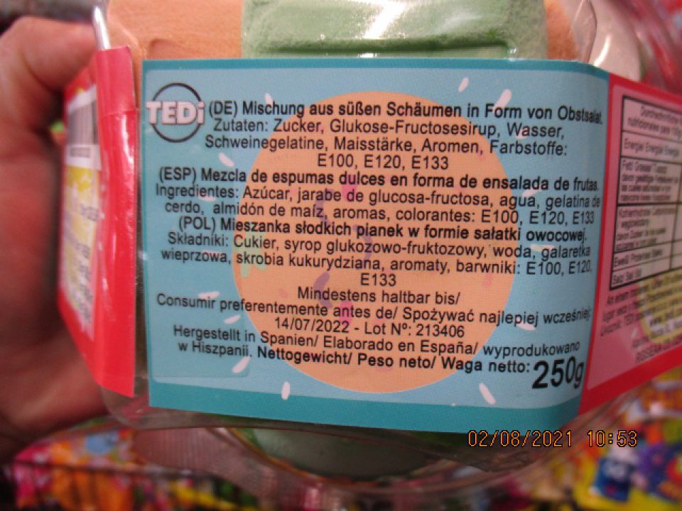 TEDI penové cukrovinky v spotrebiteľskom obale 250g, dodávateľ TEDI Gmb&Co.KG, Dortmund - neoznačené na obale žiadnymi údajmi v kodifikovanej podobe štátneho jazyka podľa osobitného predpisu.