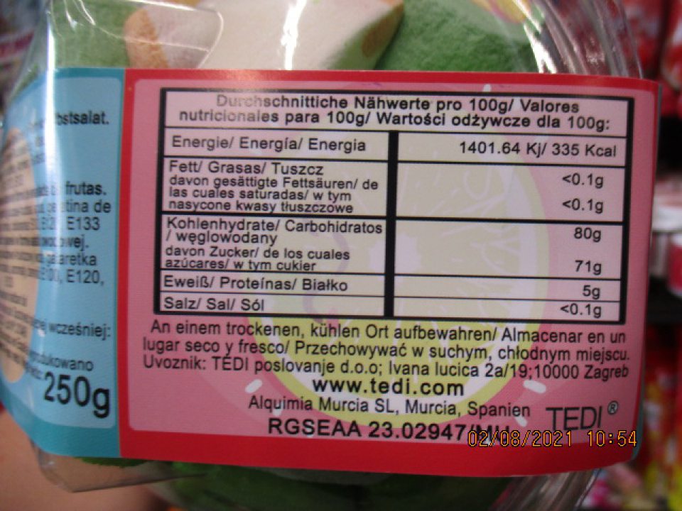 TEDI penové cukrovinky v spotrebiteľskom obale 250g, dodávateľ TEDI Gmb&Co.KG, Dortmund - neoznačené na obale žiadnymi údajmi v kodifikovanej podobe štátneho jazyka podľa osobitného predpisu.