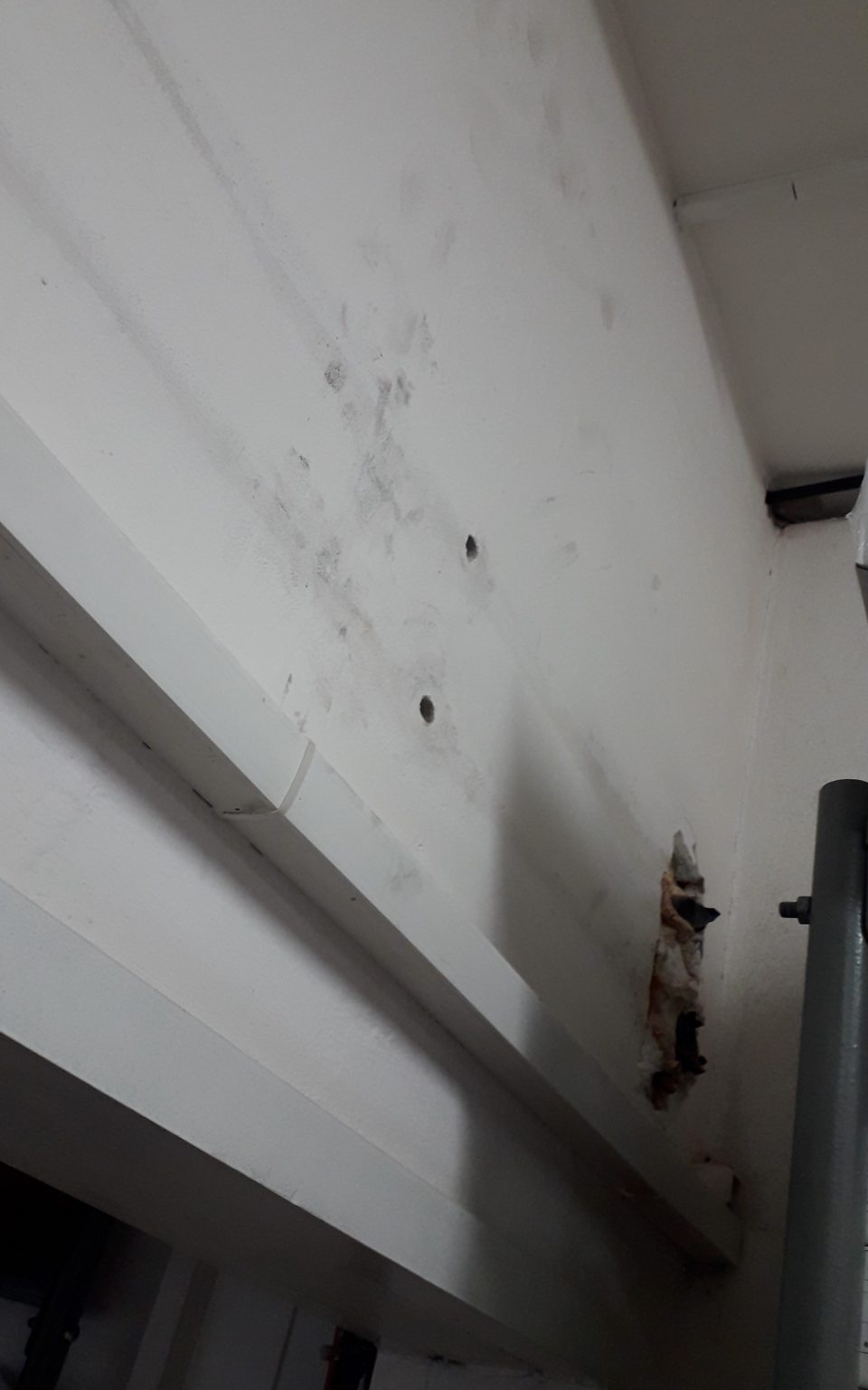 Stena v sklade pri prechode z priestoru skladovania piva do priestoru pre príjem potravín je znečistená, poškodená nerovná. 