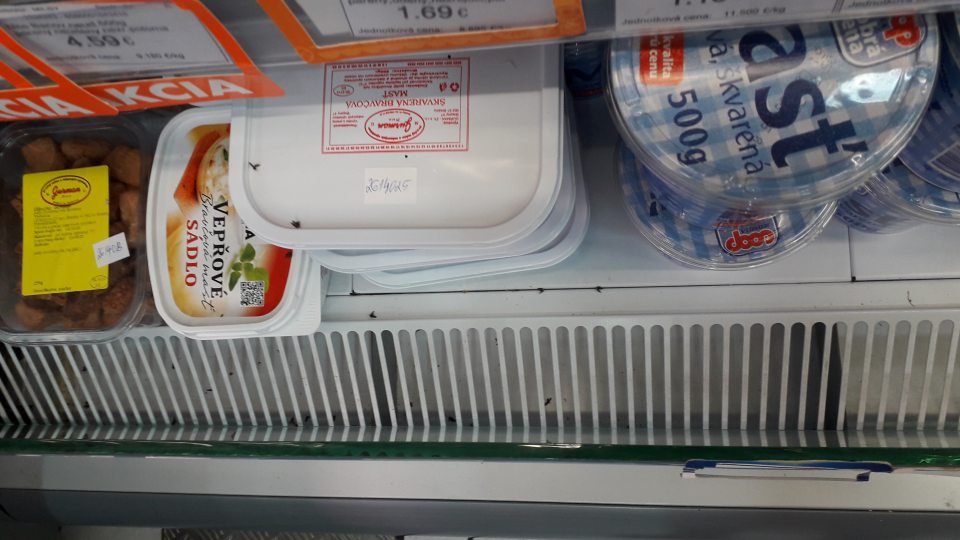 Chladiaca vitrína v mieste predaja mäsových výrobkov bola na ložnej časti znečistená zasušenými zvyškami hmyzu.