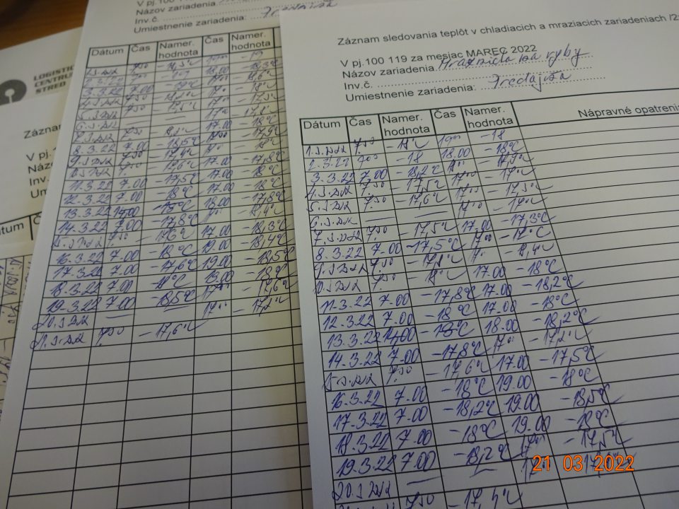 V predloženej evidencia o meraní teplôt v mraziacich boxoch rýb a hydiny v zázemí prekročené teplotné režimy, pričom meraním teplôt v čase kontroly boli teploty vyhovujúce.