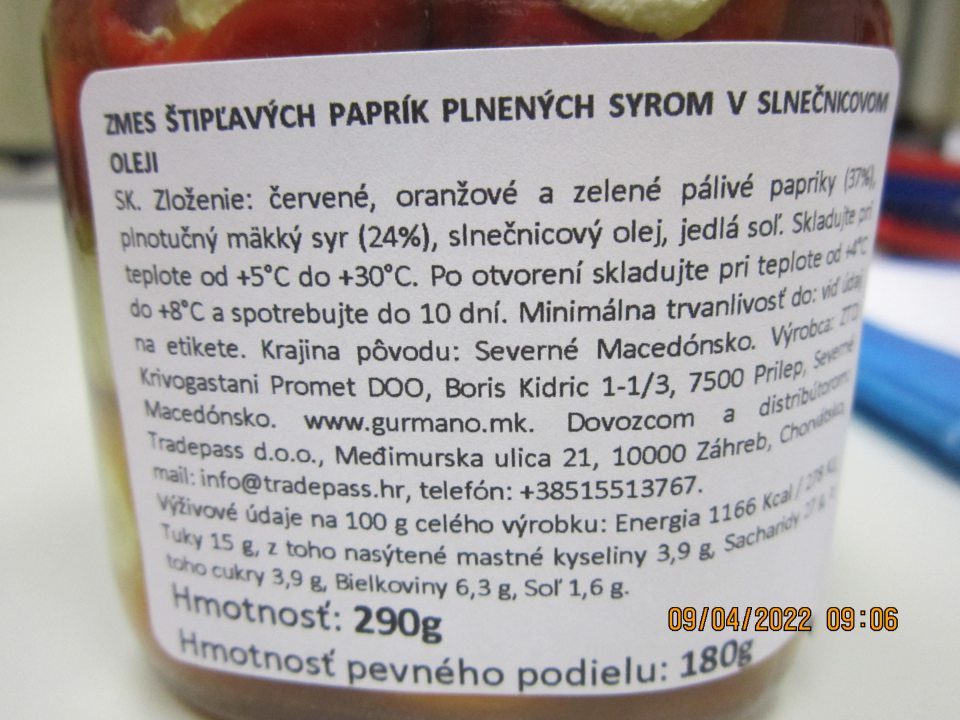 Vo výrobku Zmes štiplavých paprík plnených syrom v slnečnicovom oleji, 290g, DMT:29/02/2024, Lot:05522  - v označení zloženia oboch výrobkov nezvýraznený alergén

