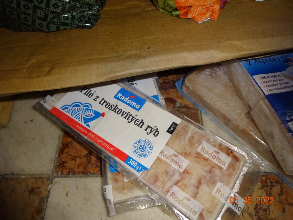 V sklade pod paletou s krmivami na podlahe uložené hlbokozmrazené produkty rybolovu ( Filé z treskovitých rýb)