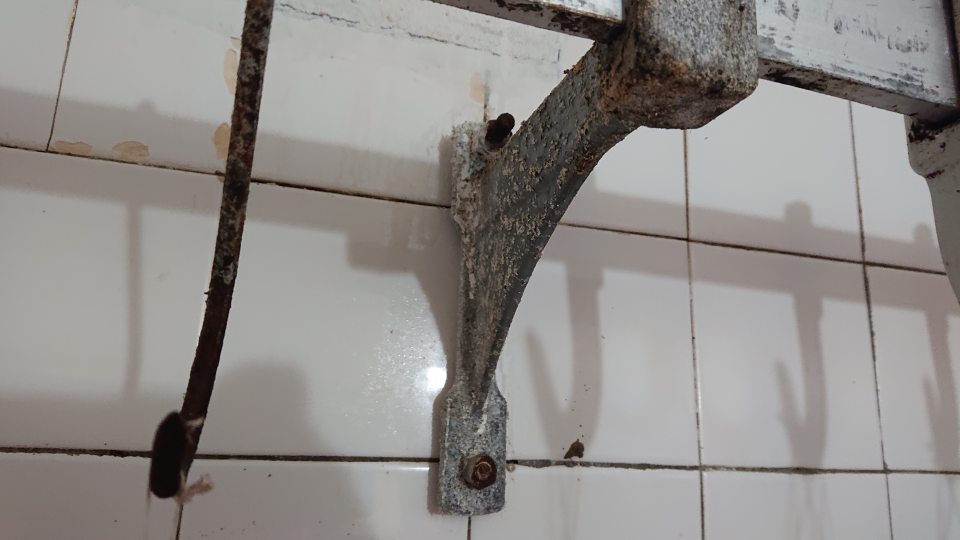 V chladiacom boxe mäsových výrobkov na závesných hákoch a kovovej konštrukcii výskyt korózie a plesne.