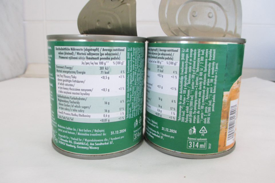 Nevyhovujúci výsledok analýz vzorky „Mandarínkový kompót v sladkom náleve“ 312g Falani, DMT: 31.12.2024, pre prekročenie max. limitu cínu 200 mg/kg vo vzorke. Výsledky skúšok - 307,7 mg/kg.