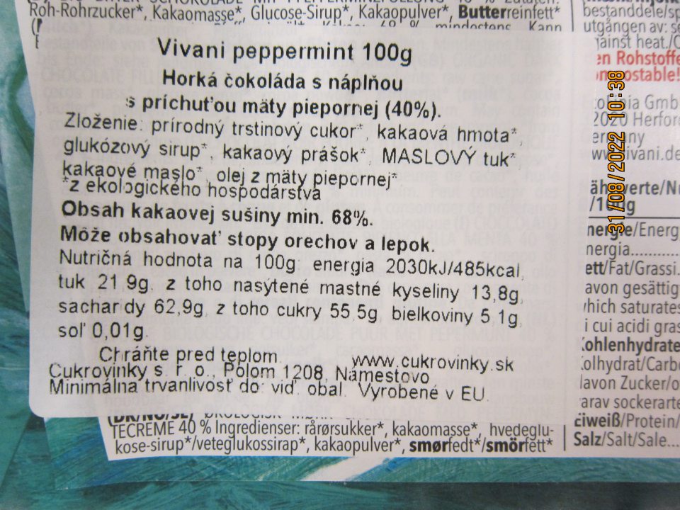 Vivani peppermint horká čokoláda s náplňou s príchuťou mäty piepornej 100g – nesprávny spôsob uvedenia DMT na etikete; správne  má byť  „Minimálna trvanlivosť do konca...“, keďže prevádzkovateľ udáva len mesiac a rok: „10.2022“.