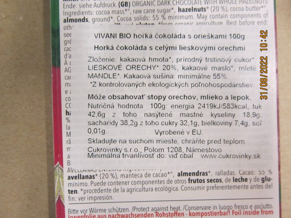 Vivani Bio horká čokoláda s orieškami 100g – nesprávny spôsob uvedenia DMT na etikete; správne  má byť  „Minimálna trvanlivosť do konca...“, keďže prevádzkovateľ udáva len mesiac a rok: „01.2023“.