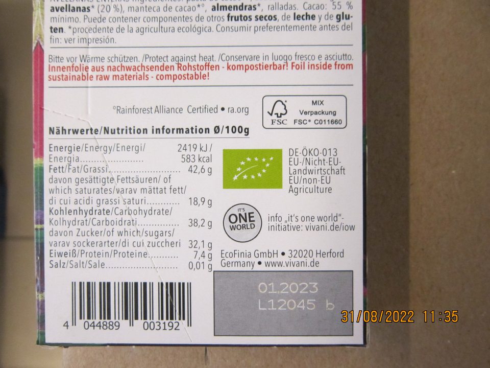 Vivani Bio horká čokoláda s orieškami 100g – nesprávny spôsob uvedenia DMT na etikete; správne  má byť  „Minimálna trvanlivosť do konca...“, keďže prevádzkovateľ udáva len mesiac a rok: „01.2023“.
