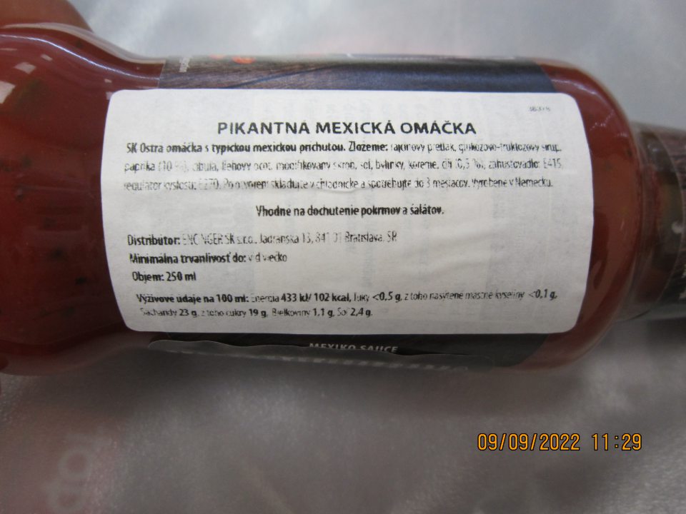 MEXICO SAUCE SPICY – PIQANT, PIKANTNÁ MEXICKÁ OMÁČKA, Ostrá omáčka s typickou mexickou príchuťou 250ml - povinné údaje o potravine neboli ľahko viditeľné, jasne čitateľné.