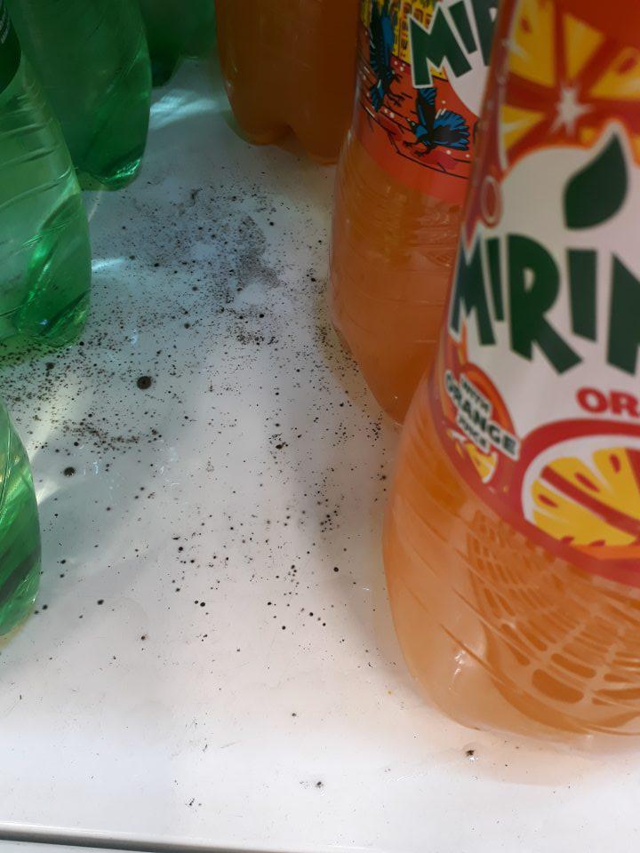 Čierne plesni podobné znečistenie na regáli v chladiacom zariadení slúžiacom na uchovávanie nealko nápojov.