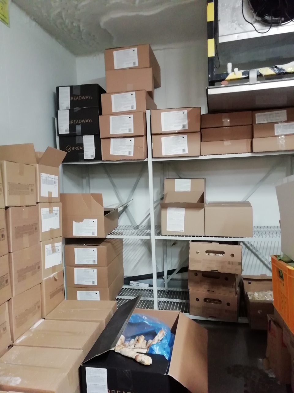 Námraza v mraziacom boxe nad otvorenými hlbokozmrazenými polotovarmi.