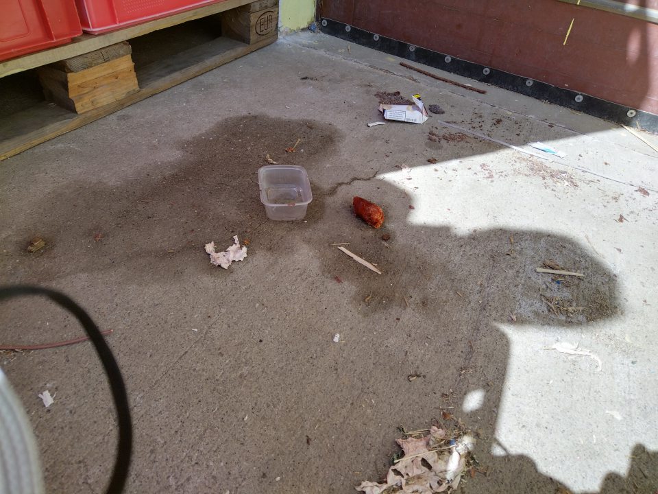 Príjmová rampa znečistená zvyškami obalových materiálov a zvyškami potravín.