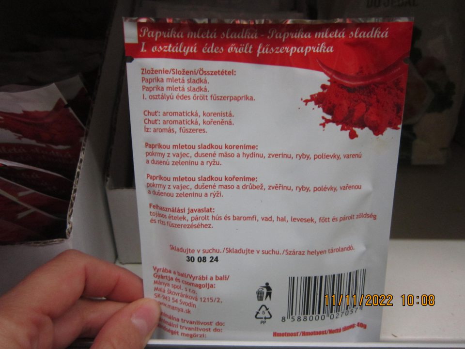 Paprika mletá sladká, hmotnosť 40g, DMT: 30 08 24, vyrába a balí: Mánya spol. s r.o., Malá Škovránková 1215/2, 943 54 Svodín, krajina pôvodu: Maďarsko - vo vzorke bola PCR metódou detegovaná DNA alergénu zeler, ktorého prítomnosť nebola uvedená na obale výrobku
Pridať fotografie