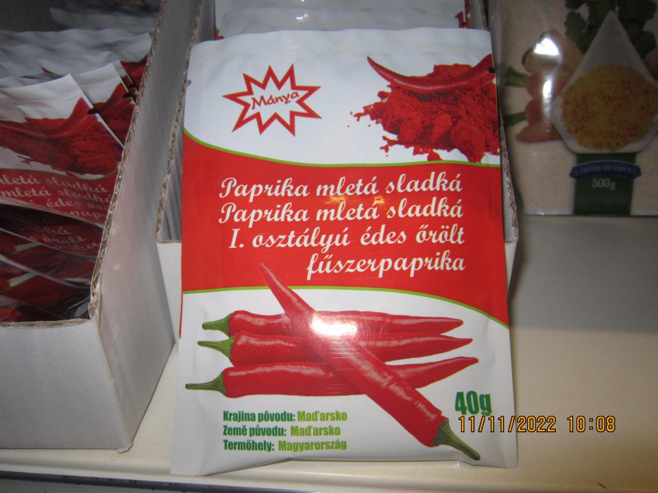 Paprika mletá sladká, hmotnosť 40g, DMT: 30 08 24, vyrába a balí: Mánya spol. s r.o., Malá Škovránková 1215/2, 943 54 Svodín, krajina pôvodu: Maďarsko - vo vzorke bola PCR metódou detegovaná DNA alergénu zeler, ktorého prítomnosť nebola uvedená na obale výrobku
Pridať fotografie