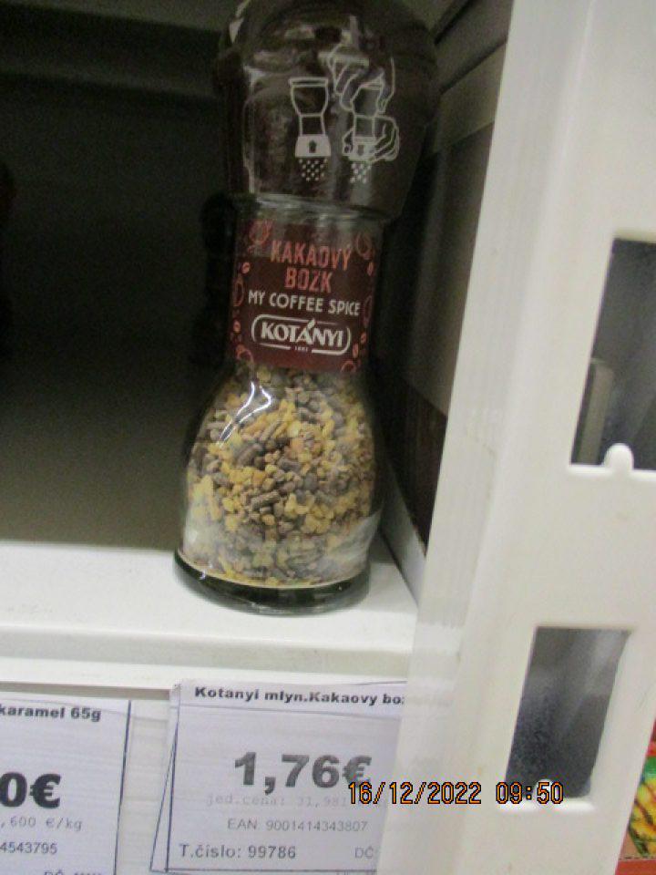 Kakaový bozk -aromatizovaná cukrová zmes s kakaom 11% Kotányi 63g, DMT: 05.08.2024, označenie dávky:05.08.2024, L413166 161324, výrobca: Kotányi GmbH, A-2120, Wolkersdorf, PF66, Rakúsko, KP: Rakúsko - nevyhovujúci parameter označenie - veľkosť písma a slabý kontrast medzi písmom a pozadím