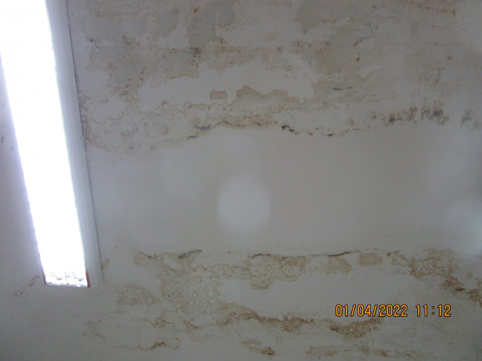 na predajnej ploche nad regálmi na 3 miestach s uskladenenými cestovinami, múkou a nealkoholickými nápojmi zamoknutý a zaplesnivelý strop