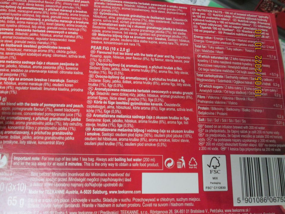 Ovocno-bylinný čaj aromatizovaný s príchuťou maracuje a broskyne 65g,Made for Teekanne Austria, A-5020 Salzburg, predávajúci: Teekanne, s.r.o., Röntgenova 26, SK-85101 Bratislava V., Petržalka. Na obale deklarované minimálna trvanlivosť do: priestor v bieom obdĺžniku, pričom v priestore bieleho obdĺžnika, ani na celom povrchu obalu výrobku nebol deklarovaný žiadny dátum minimálnej trvanlivosti