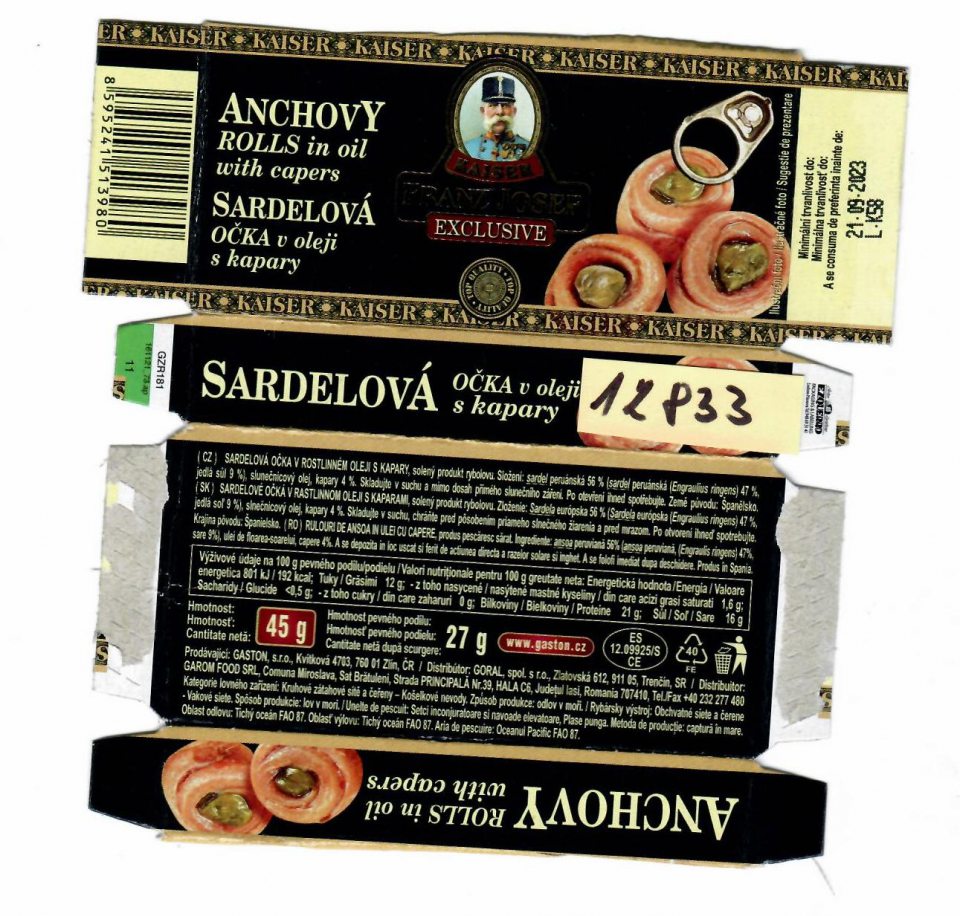 Sardelové očká v rastlinnom oleji s kaparami 45g/27g.