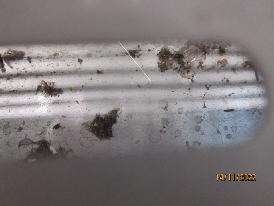 2. Znečistené chladiace zariadenie na predajnej ploche na nealkoholické nápoje v spodnej ložnej ploche prachom, uhynutým hmyzom a rôznymi nečistotami.