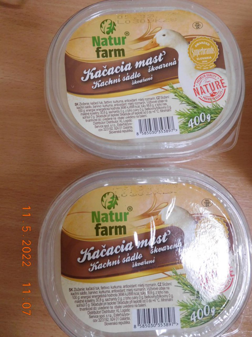 Kačacia masť škvarená 400g, distribútor: KL Logistic Service spol. s r.o., 9 ks s nečitateľným dátumom minimálnej trvanlivosti, v celkovom množstve 3,6 kg a celkovej hodnote 31,41 €