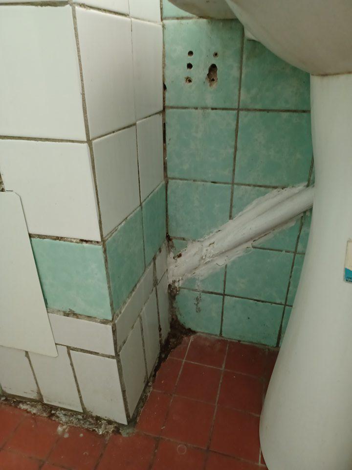 Steny v predsieni WC znečistené, poškodené, podlaha znečistená