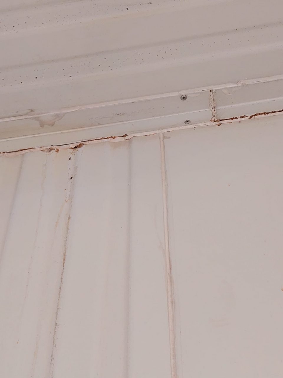 Výskyt korózie na spojovacích lištách medzi stropom a bočnou stenou v hornej časti v chladiacom boxe v skladových priestoroch.