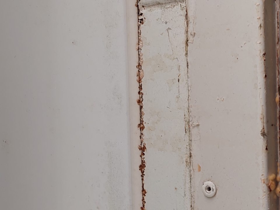 V chladiacom boxe s uskladneným ovocím a zeleninou skorodované a znečistené prechodové lišty v rohoch medzi stenou a stropom.